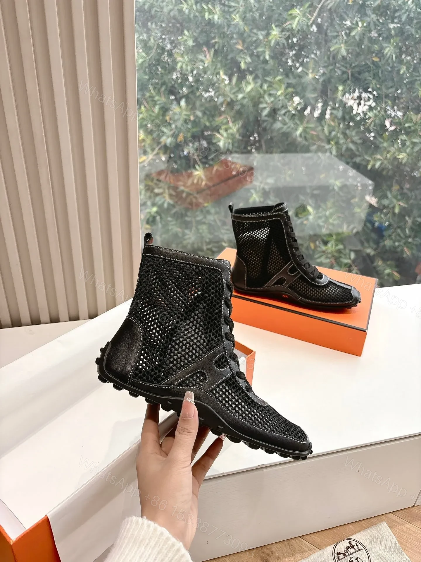 View 5 of Hermes Women Black Mesh And Leather Boots
