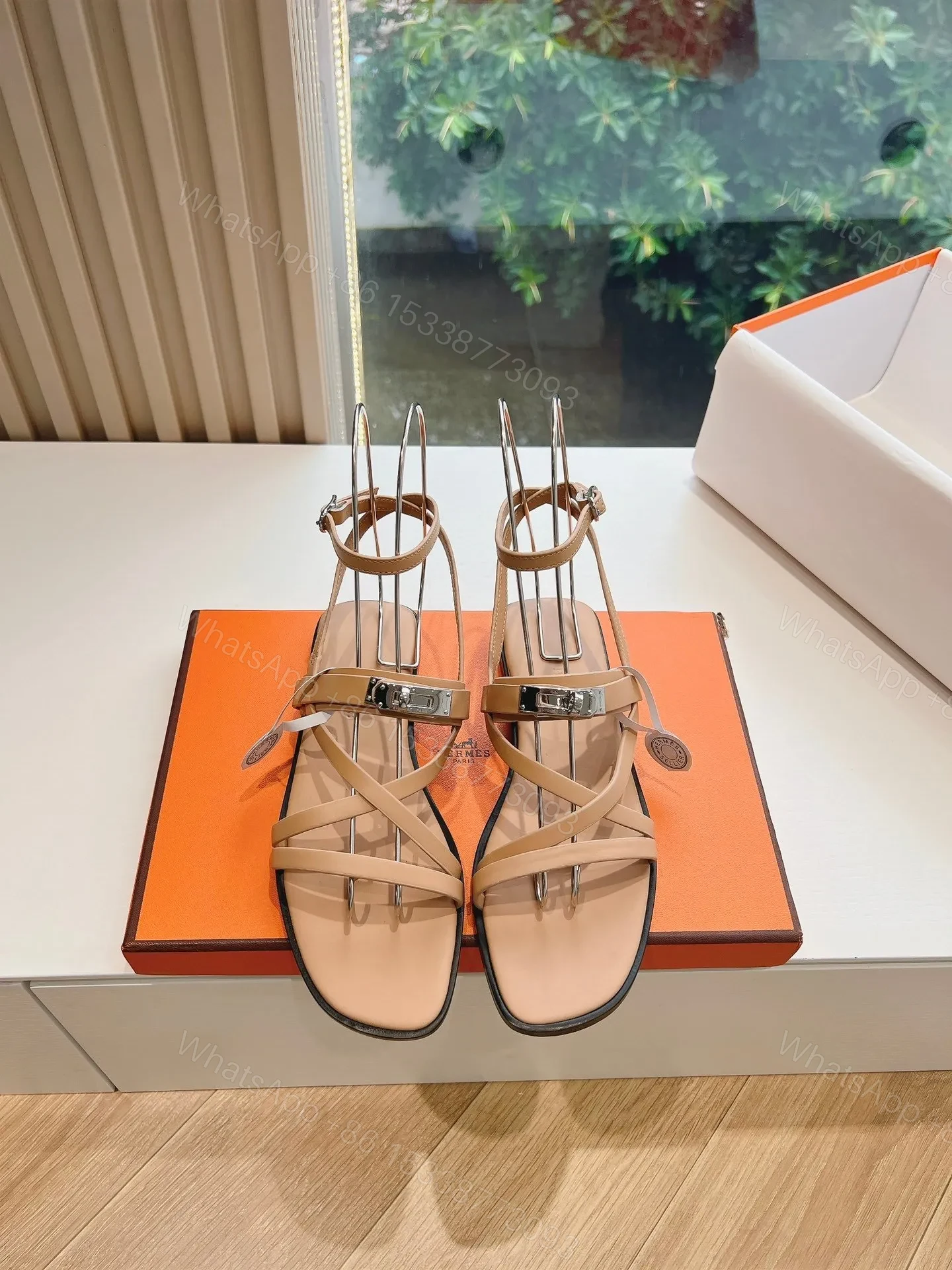 Hermes Women Beige Leather Strappy Sandals — view 1