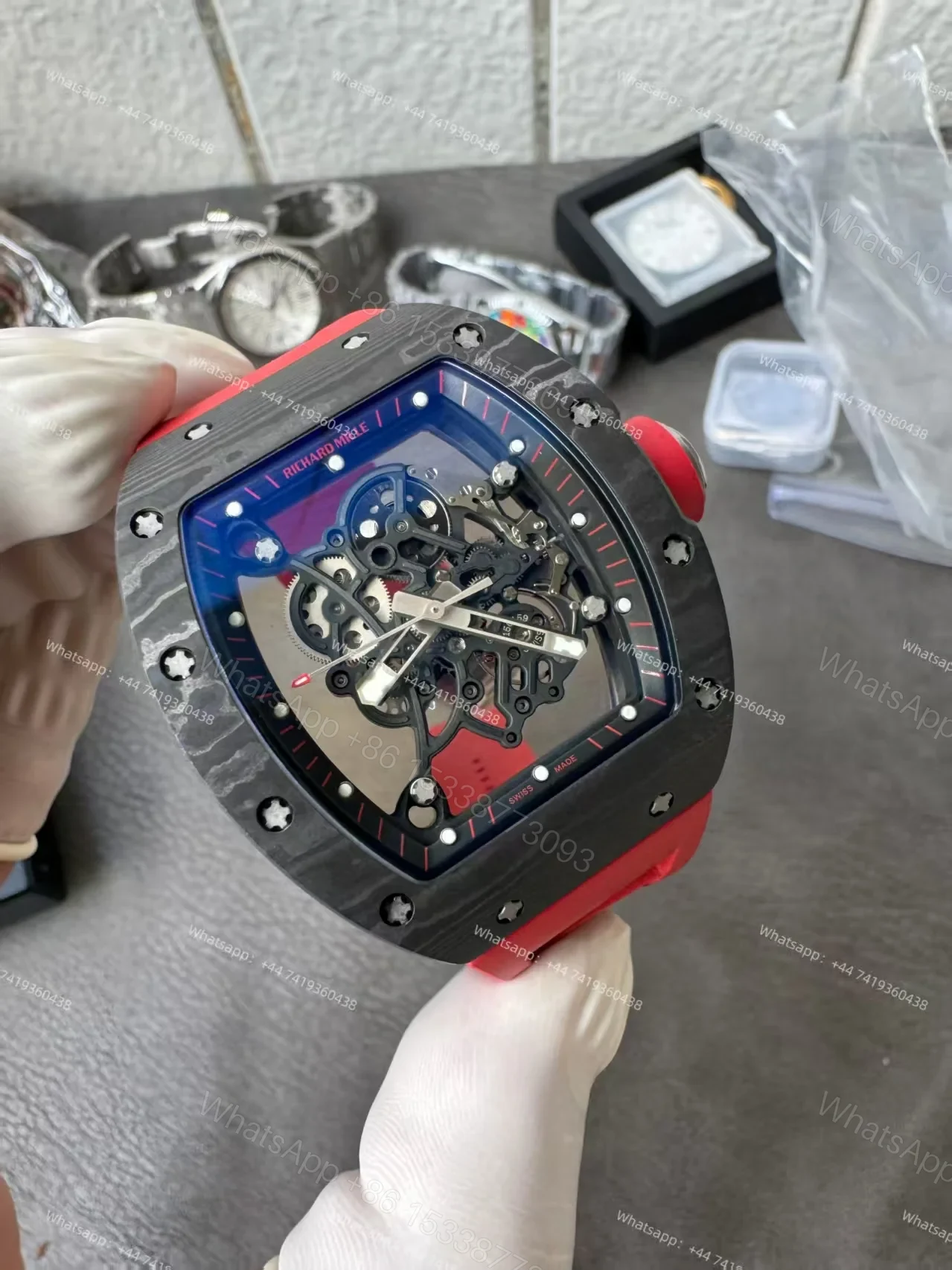 View 6 of Richard Mille RM 055 Carbon TPT Skeleton Vaucher Free-Sprung Movement Red Rubber Strap Custom Super Clone