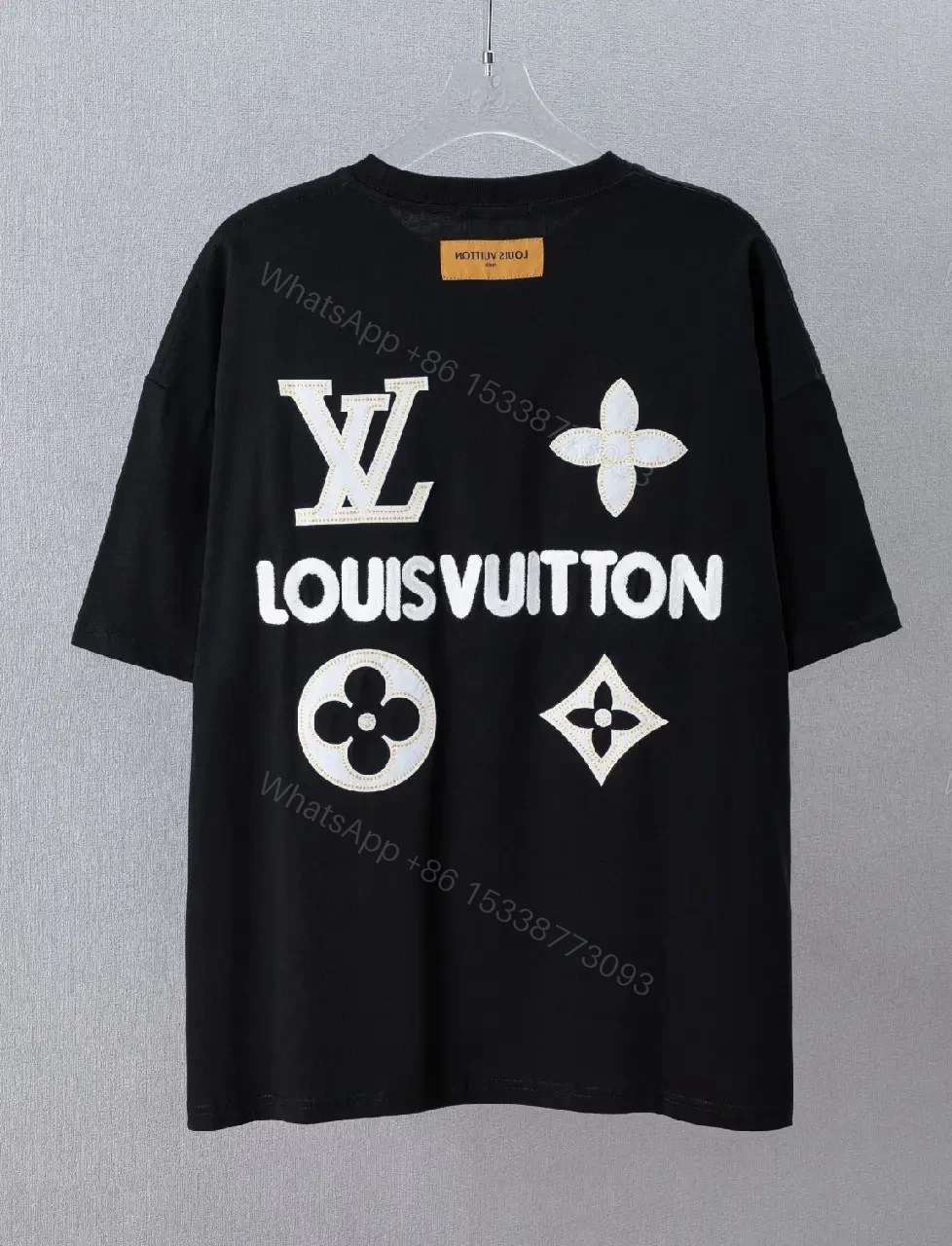 View 2 of Black Cotton Oversized Tee with White LV Logo Applique T-shirt