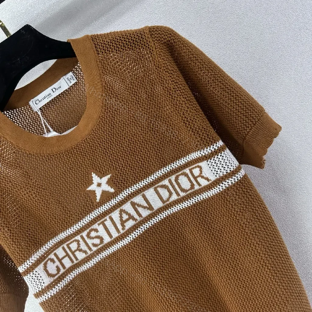 View 3 of Brown Knit Tee Wool Casual Dior Stripe Logo Top