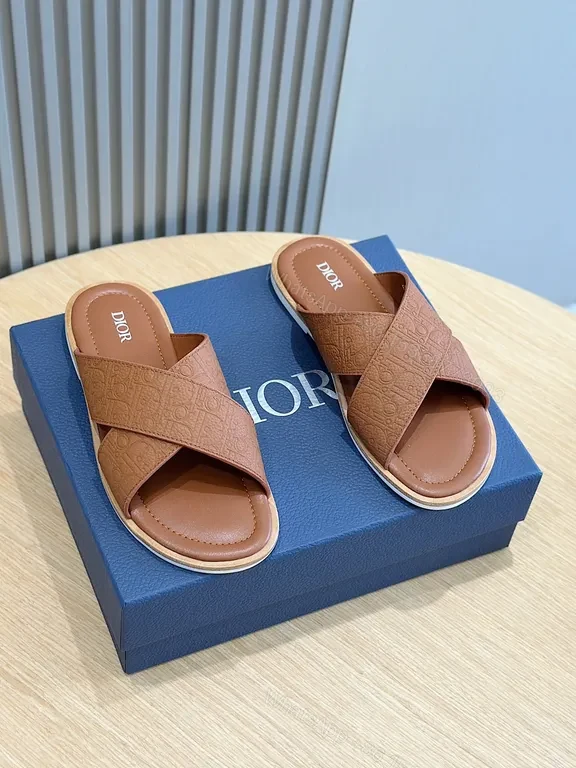 View 4 of Chic Leather Slide Sandals with Monogram Texture