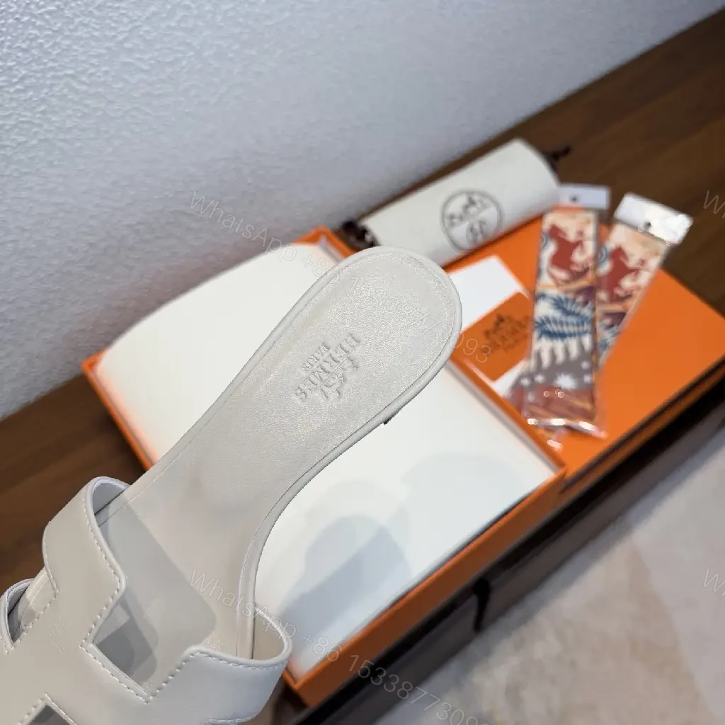 View 6 of White Leather Hermès-Style "H" Sandals - Minimalist, Modern, Flat Slide