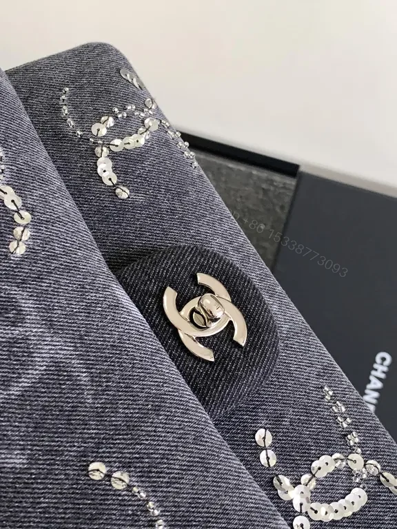 View 6 of Chanel-Style Denim Flap Bag with Crystal Chain Detail - Modern Luxury