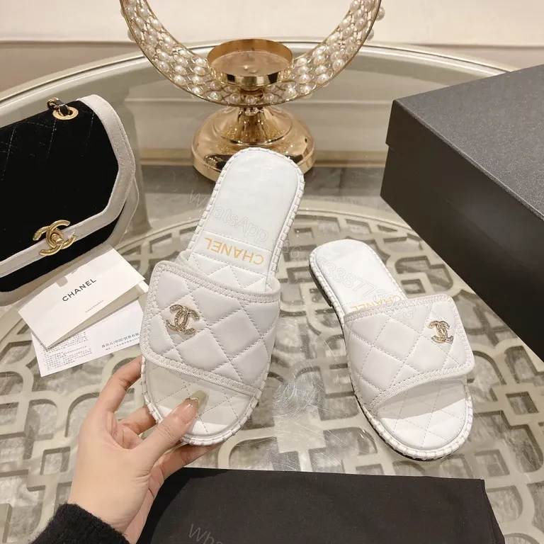View 8 of White Quilted Slides with Gold Logo â€“ Couture-Inspired Sandals
