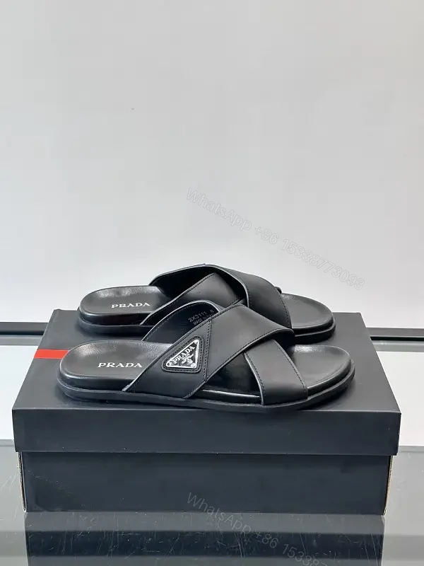 Black Leather Slides Prada Logo Slide Sandals Comfort Fit Sandals — view 1