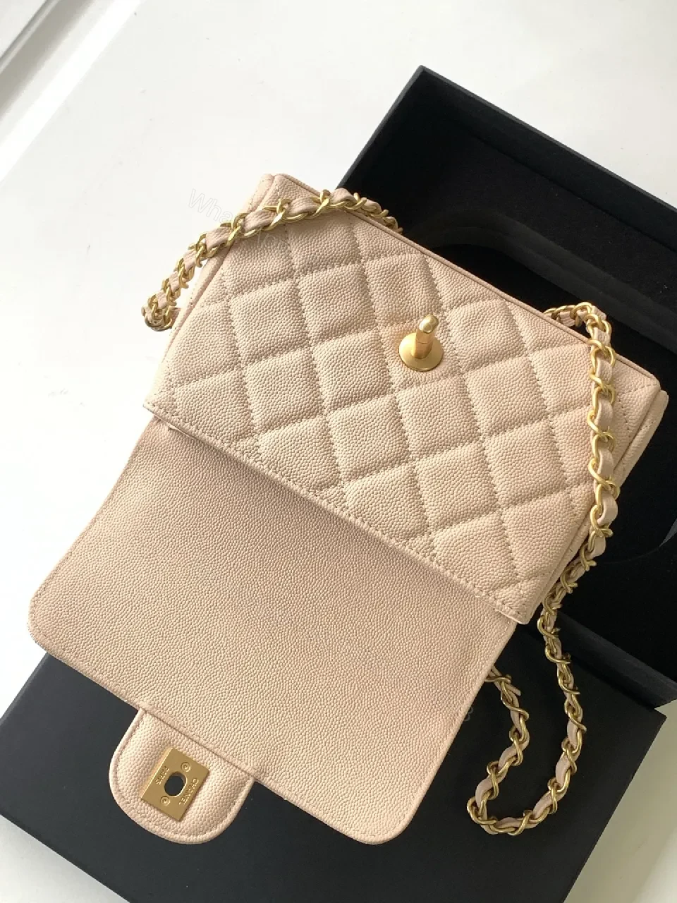 View 9 of Soft Pink Quilted Flap Bag with Gold Chain - Compact Luxury