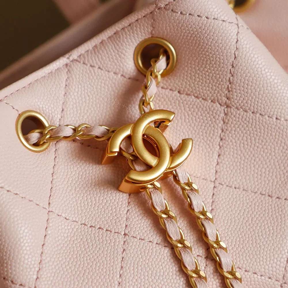 View 6 of Soft Pink Quilted Bucket Bag with Gold Charm, Faux-Leather Bag