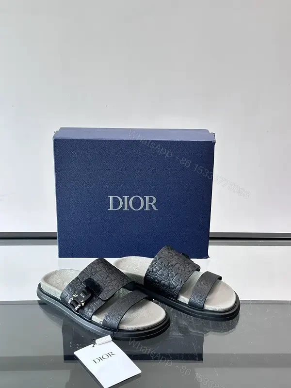 Black Leather Dior Sandals with Buckle Feature Sliders — view 1