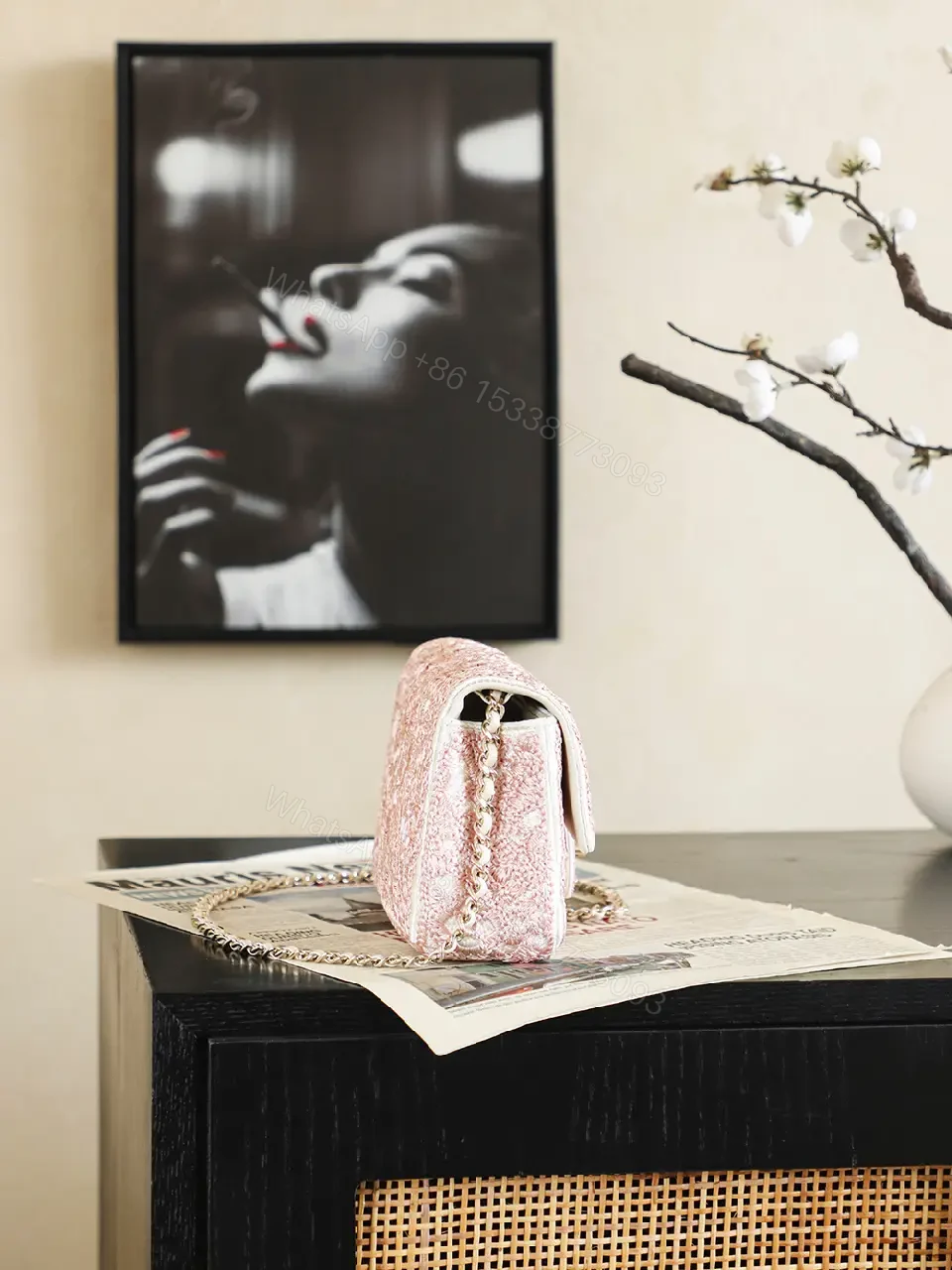 View 2 of pink glitter fabric Chanel-inspired shoulder bag with chain strap for everyday luxury