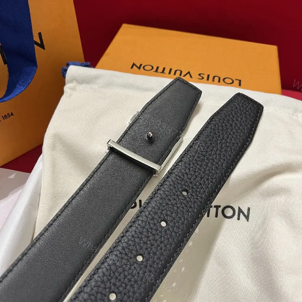 View 9 of Black Leather Pebbled Belt with Bold Silver LV Buckle