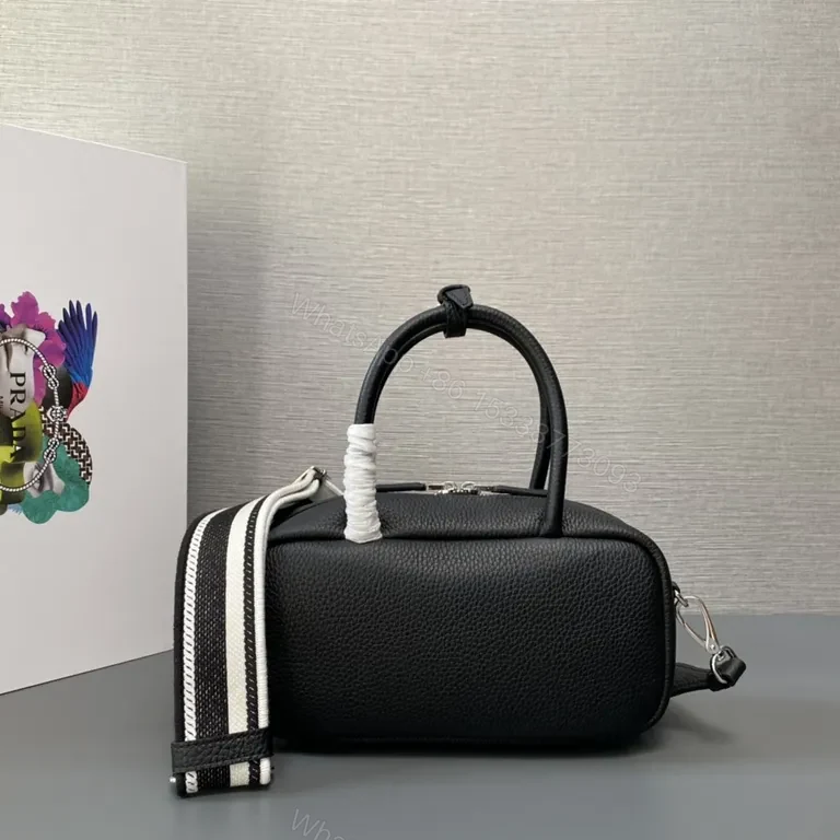 View 3 of Prada Black Mini Top-Handle Bag with Striped Strap