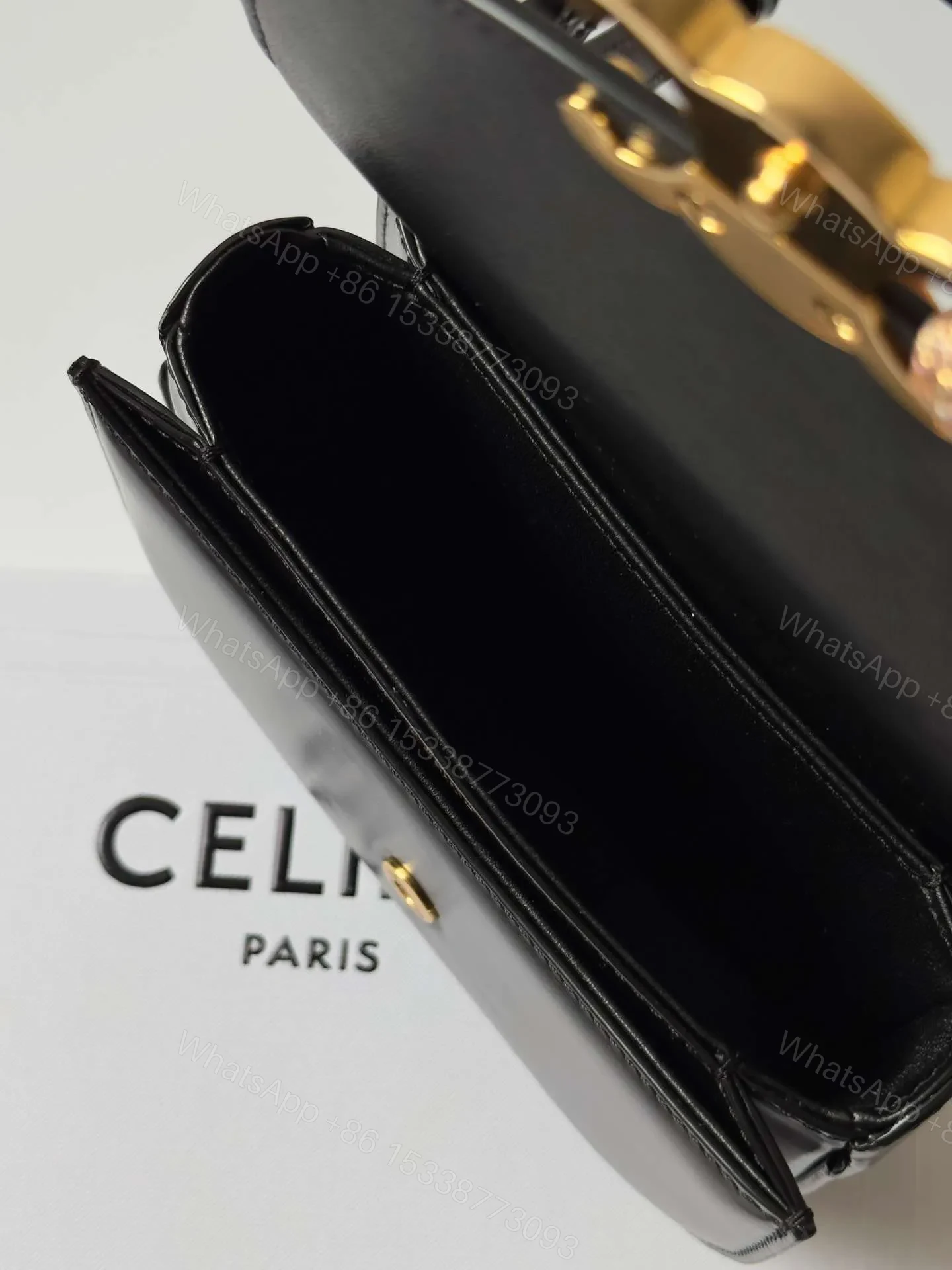 View 2 of Celine Mini Crossbody Black Leather Strap Gold Lock 15.5x11cm