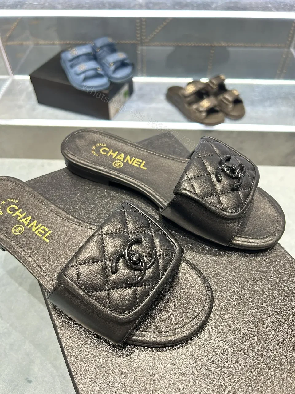 View 5 of Black Leather Quilted Sliders | Luxe Comfort Footbed | Slide Shoes