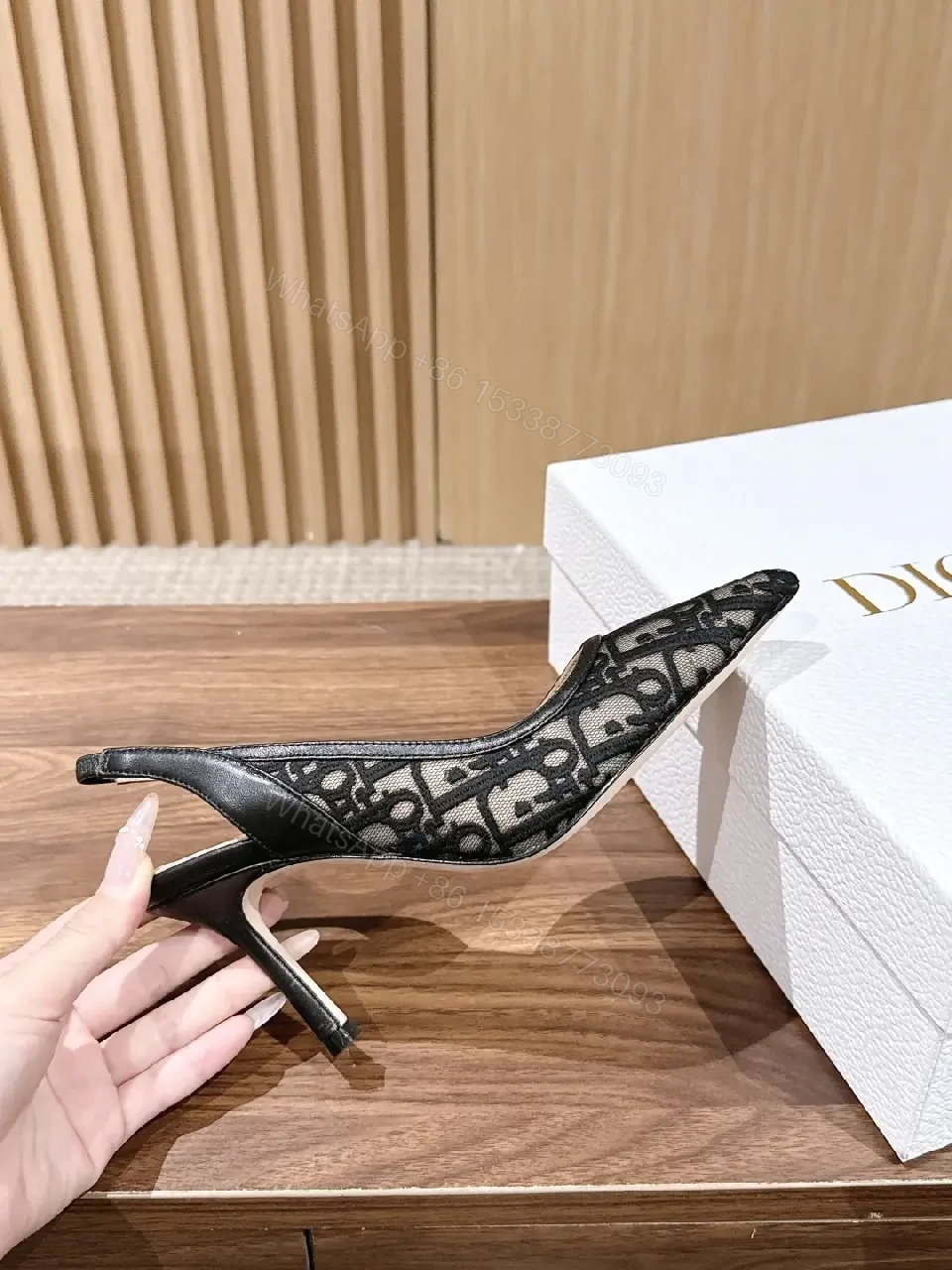 View 8 of Black Denim Slingback Heels Dior-inspired Pattern Pointed Toe Slide Slingback Heels