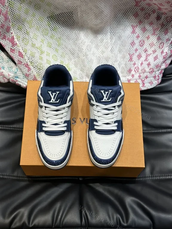 White Leather Low-Top Sneakers with Navy LV Accent Brand-Logo — view 1