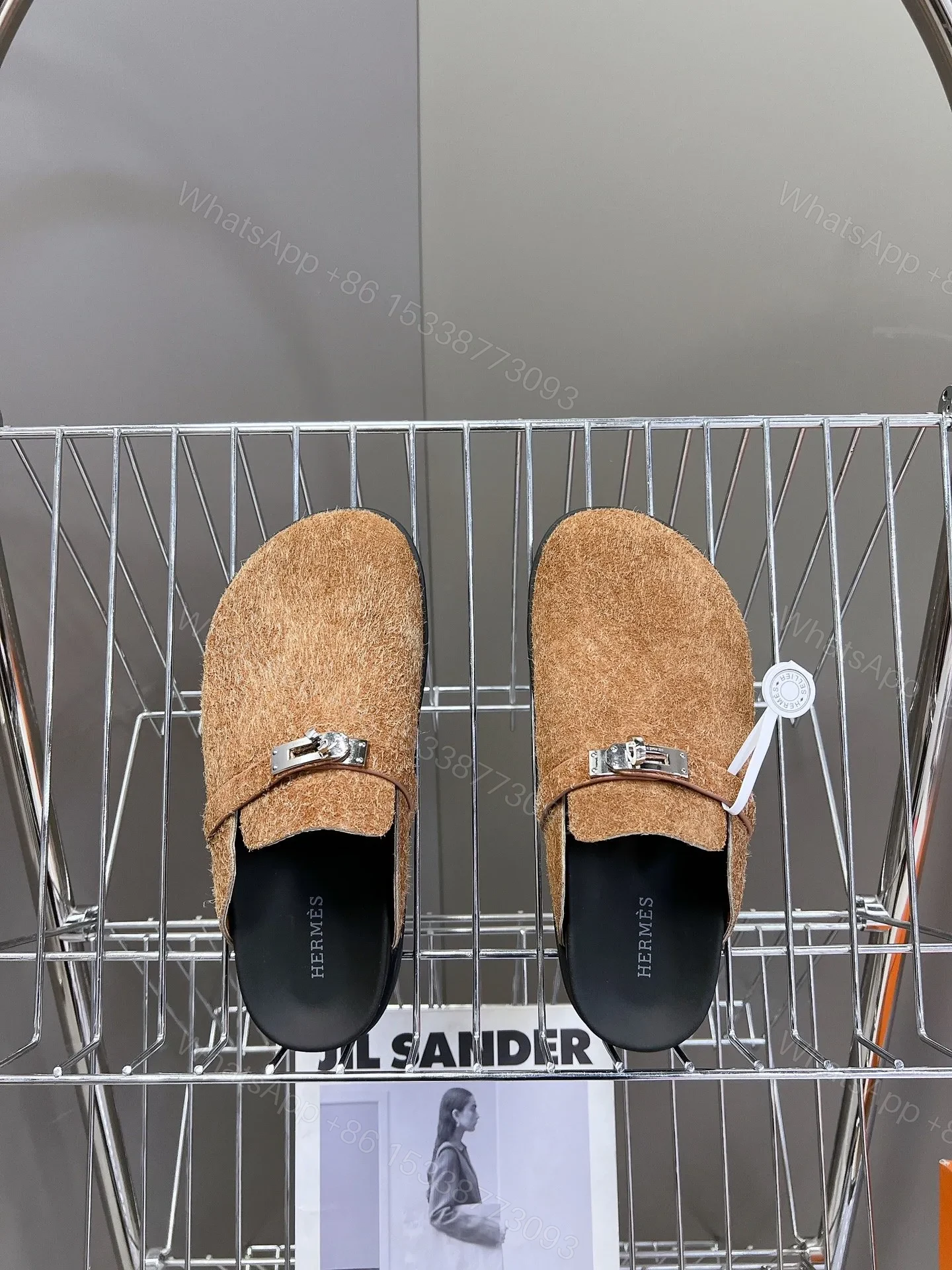 View 6 of Hermes Women Brown Haircalf Leather Slippers