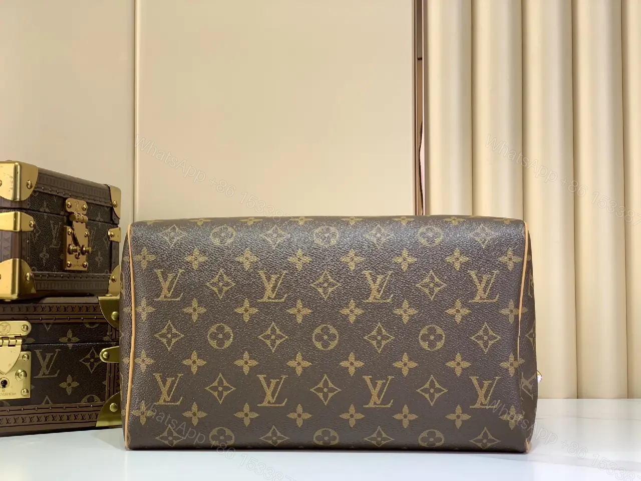 View 8 of Dark Brown Monogram Canvas Dome Tote with Pink-White Strap