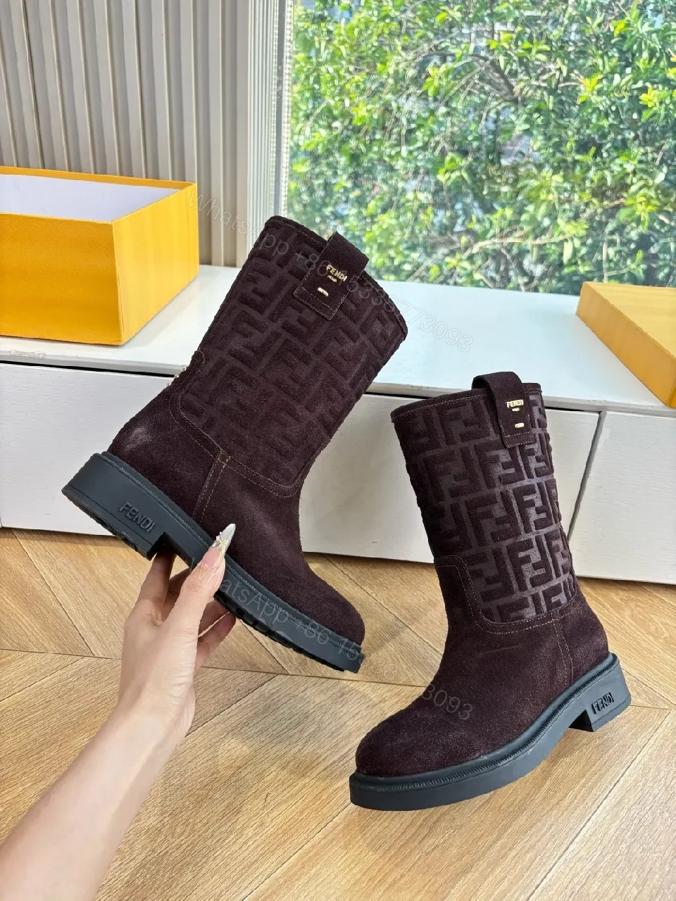 View 2 of Dark Velvet-Texture Boots with Monogram Detail: Suede, Mid-Calf, All-Season Luxe Shoes