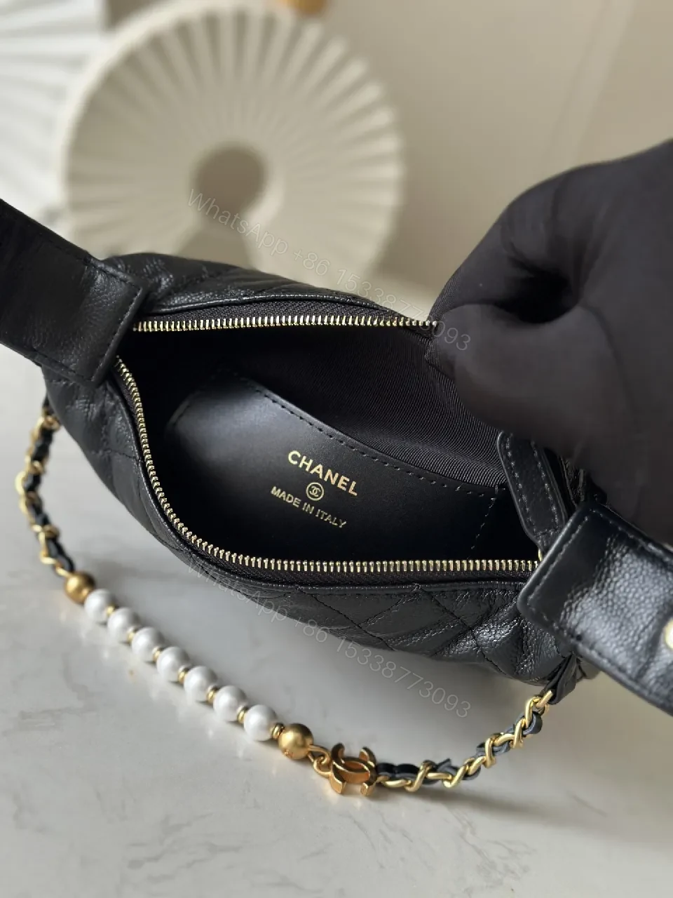 View 2 of Quilted Black Shoulder Bag with Pearl Chain Detail