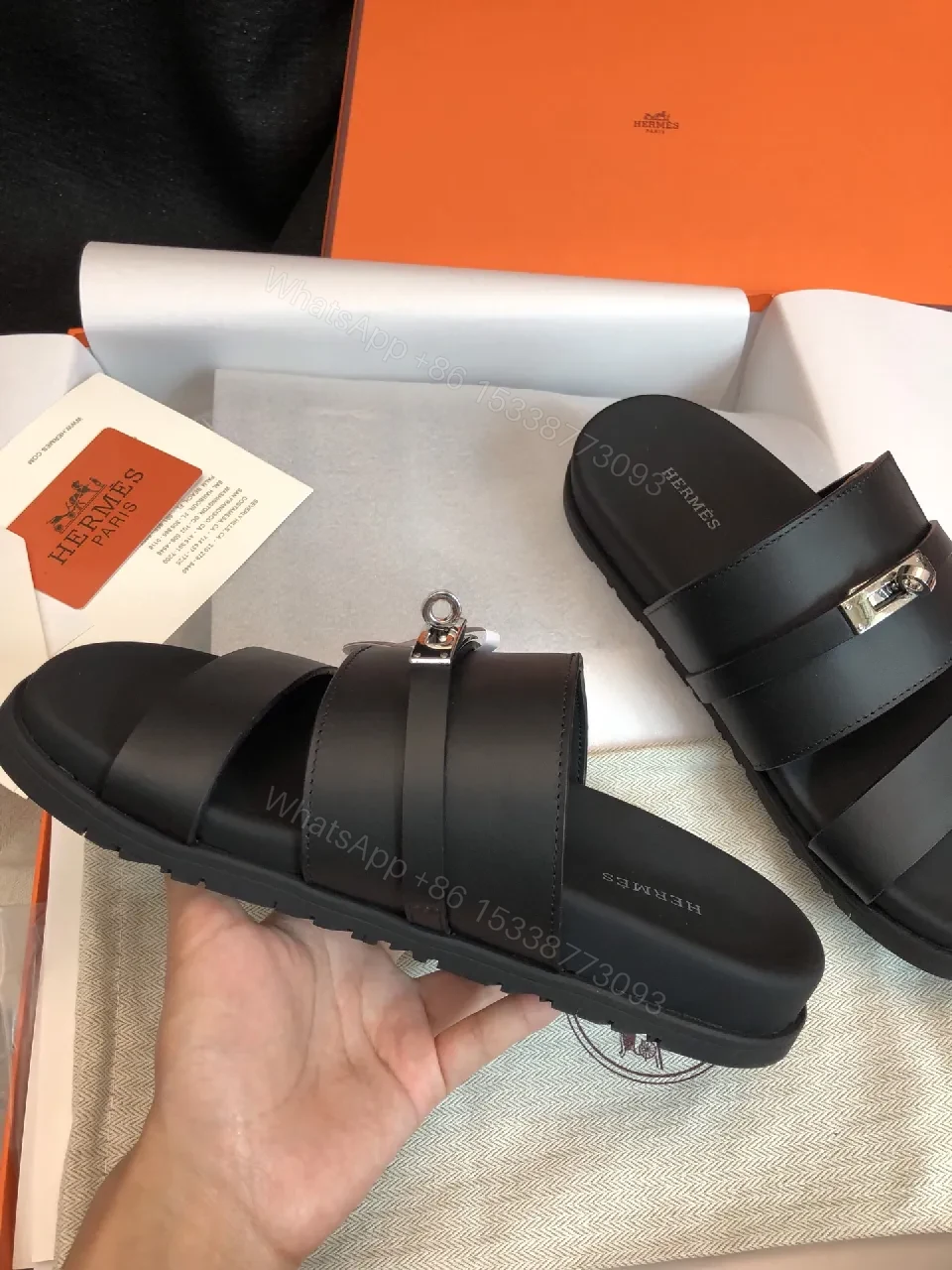 View 9 of Matte Black Leather Sandals with Signature Hardware