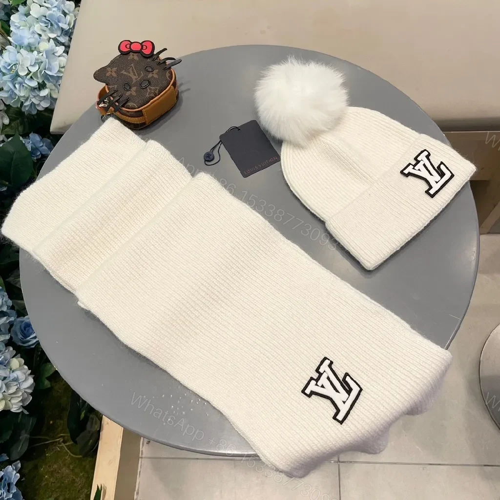 View 7 of White Knit Beanie & Scarf Set - Plush Warmth, Subtle Logo