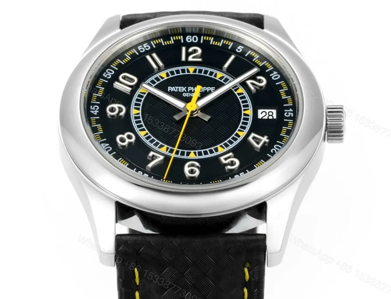 View 3 of Patek Philippe Calatrava Black Dial Stainless Steel Watch with Black Leather Strap Yellow Accents