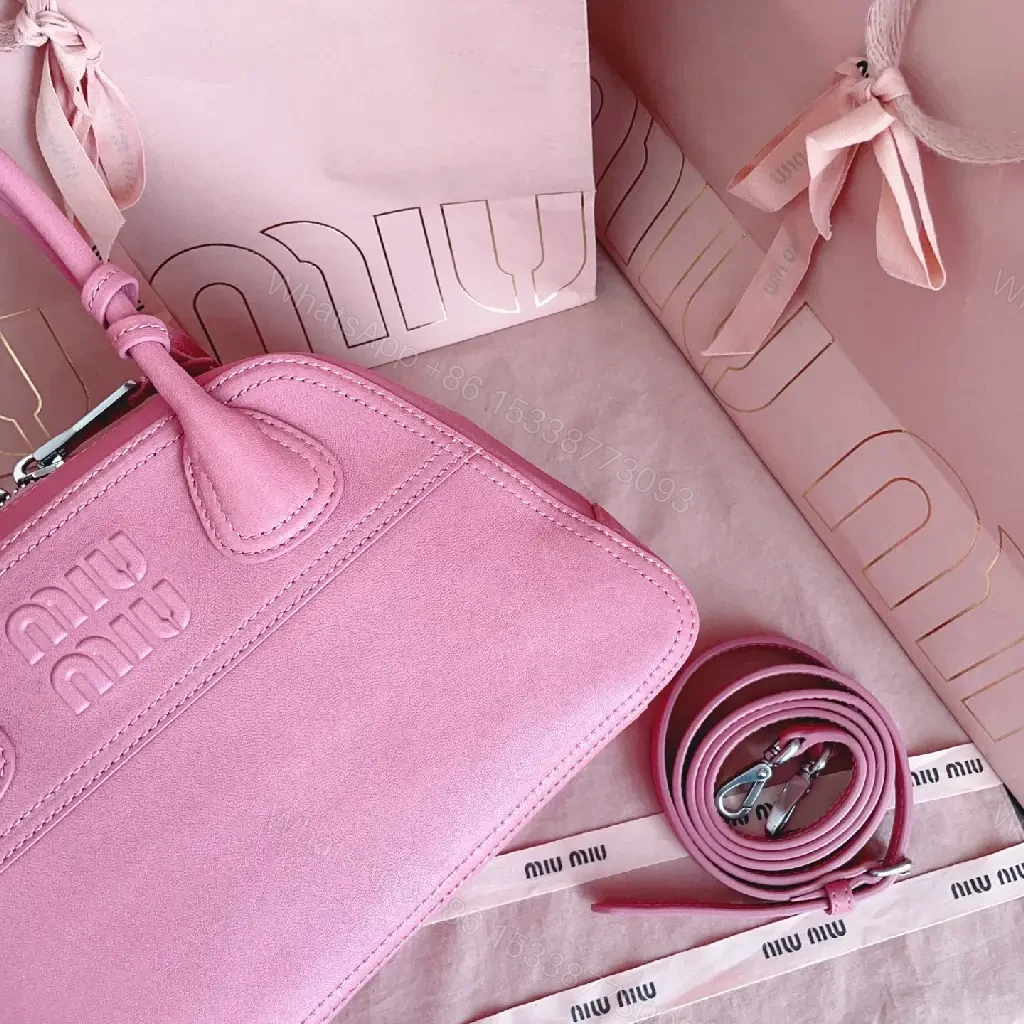 View 3 of Light Pink Leather Dome Satchel: Top-Handle Bag with Shoulder Strap