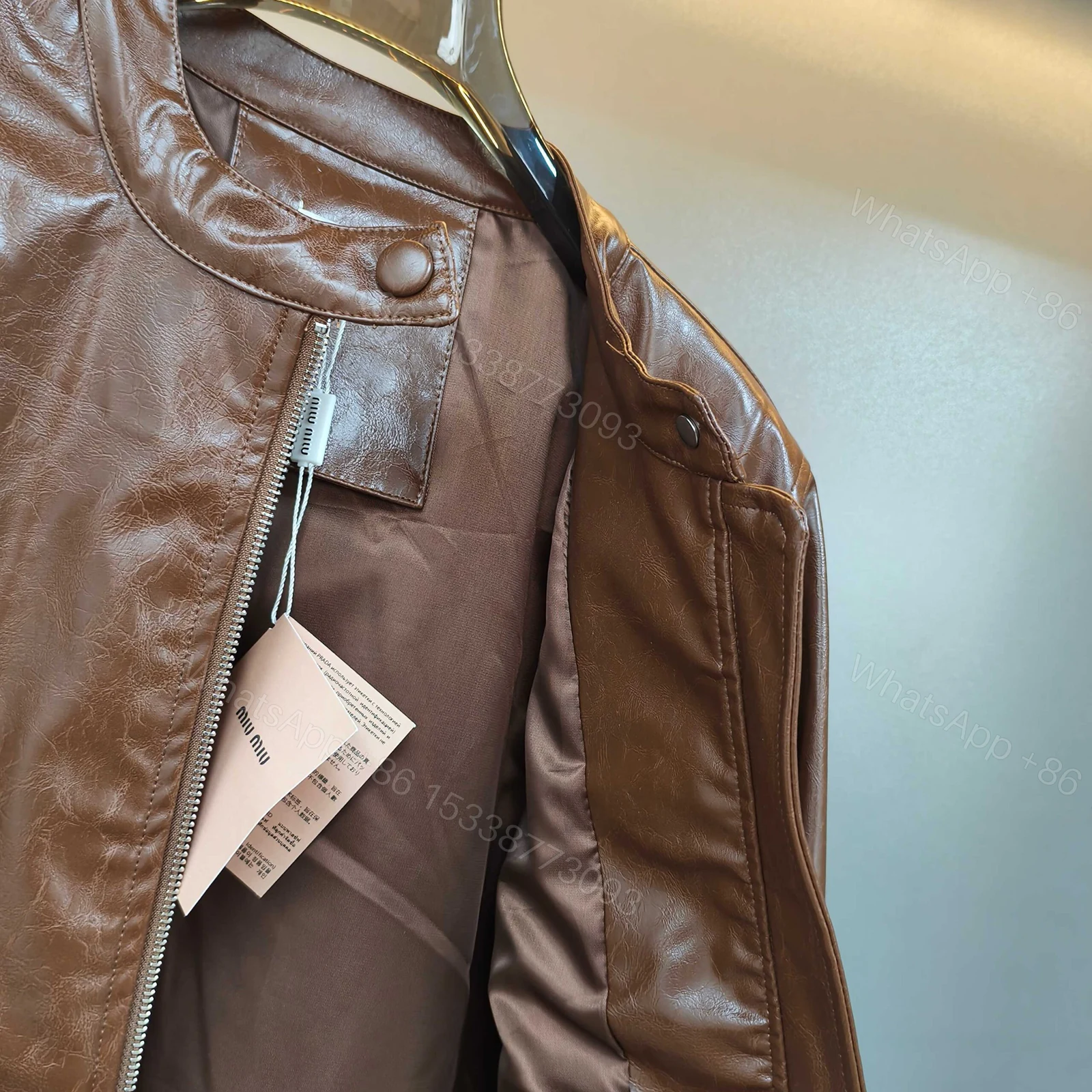 View 5 of Miumiu Crop Top Jacket Brown Leather