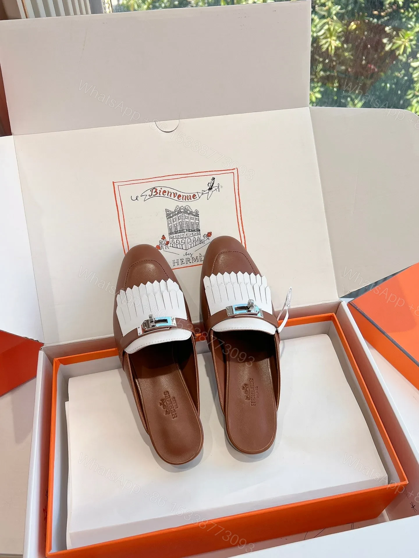 View 4 of Hermes Women Brown White Leather Fringe Mules