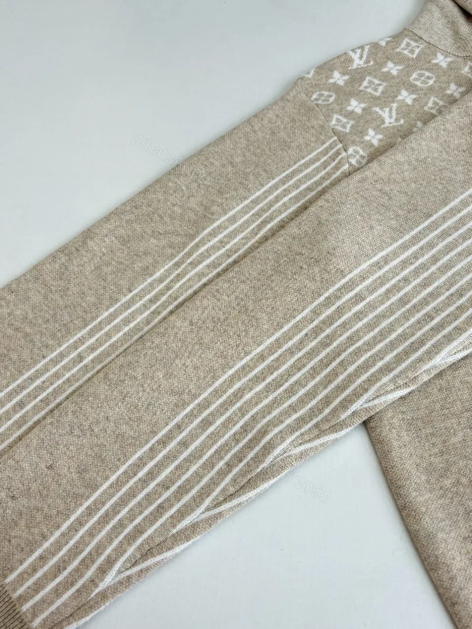 View 2 of Taupe Knit Pullover with LV Monogram, Half-Zip, Luxe Casual Style