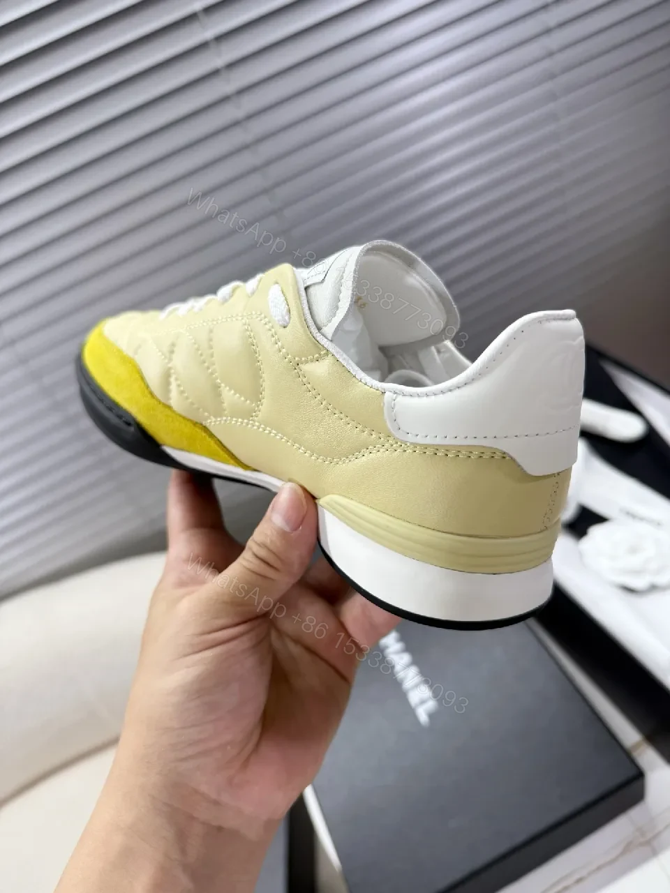 View 4 of Quilted Yellow Suede Low-Top Sneakers: Luxe Streetwear Style