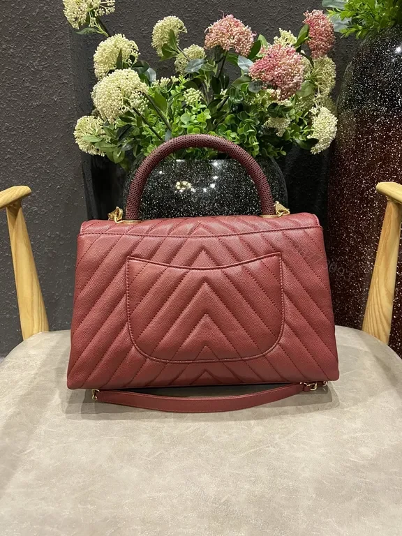 View 5 of Burgundy Chevron Leather Handbag with Gold Emblem Chanel-Inspired