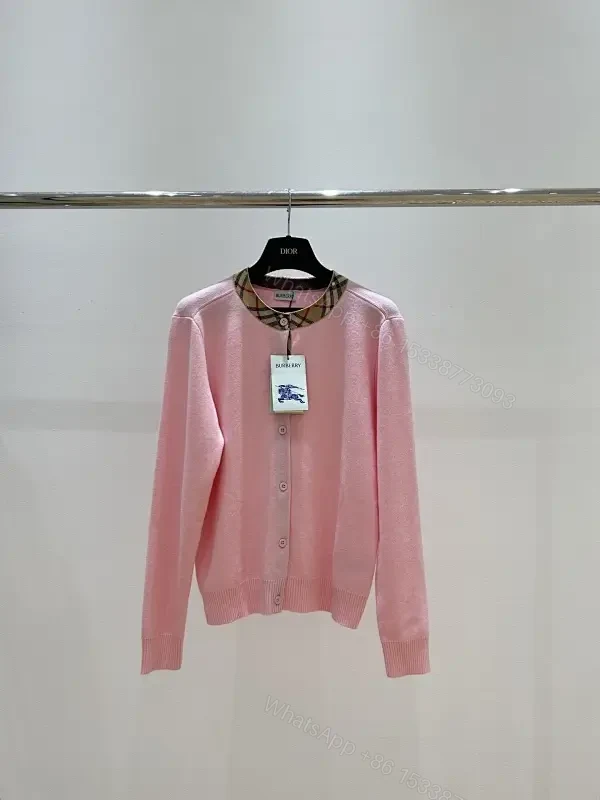 Soft Pink Cardigan with Signature Check Collar Knitwear, Lightweight Warmth — view 1