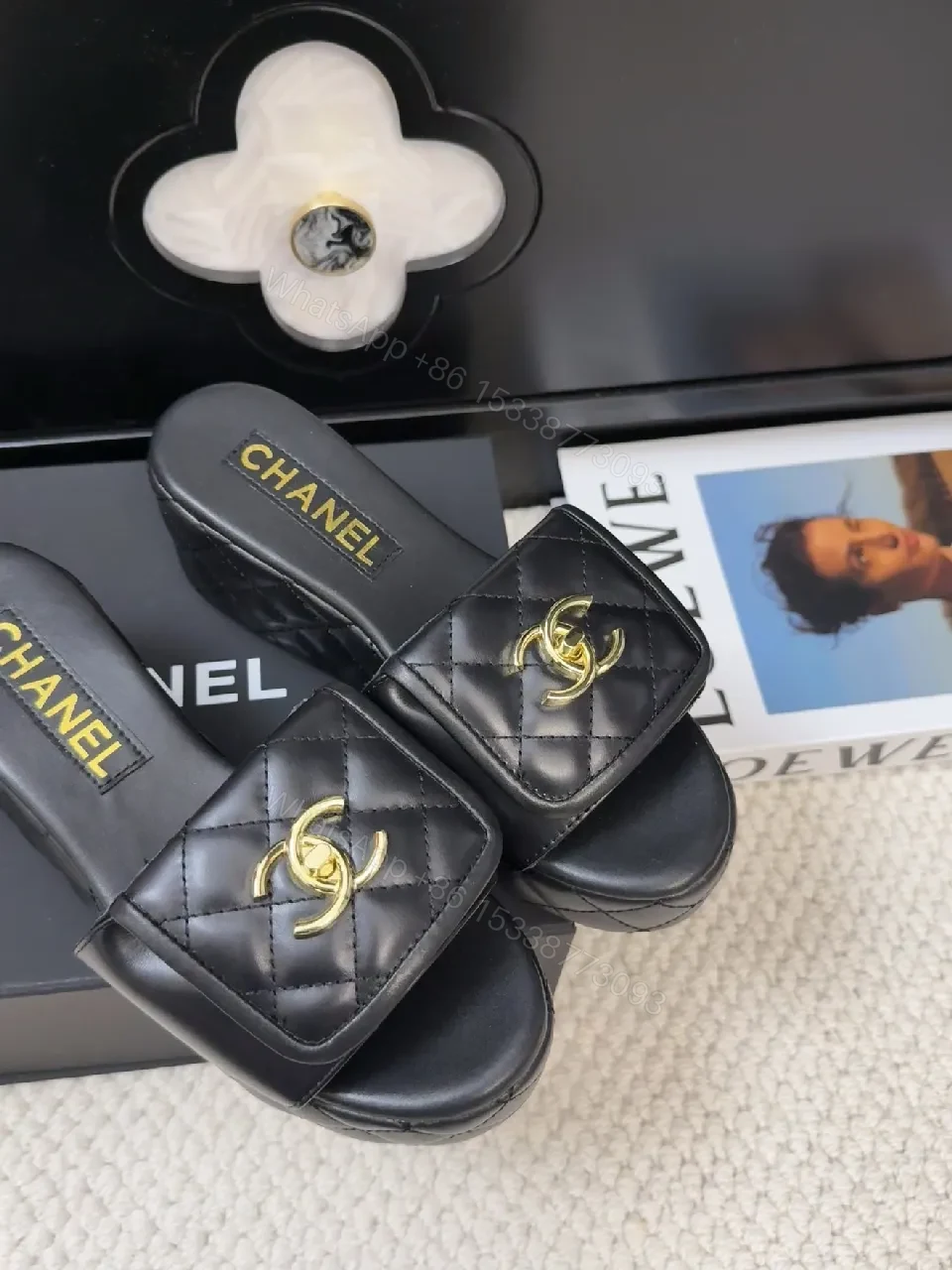 View 7 of Quilted Leather Slides with Gold Logo Sandals