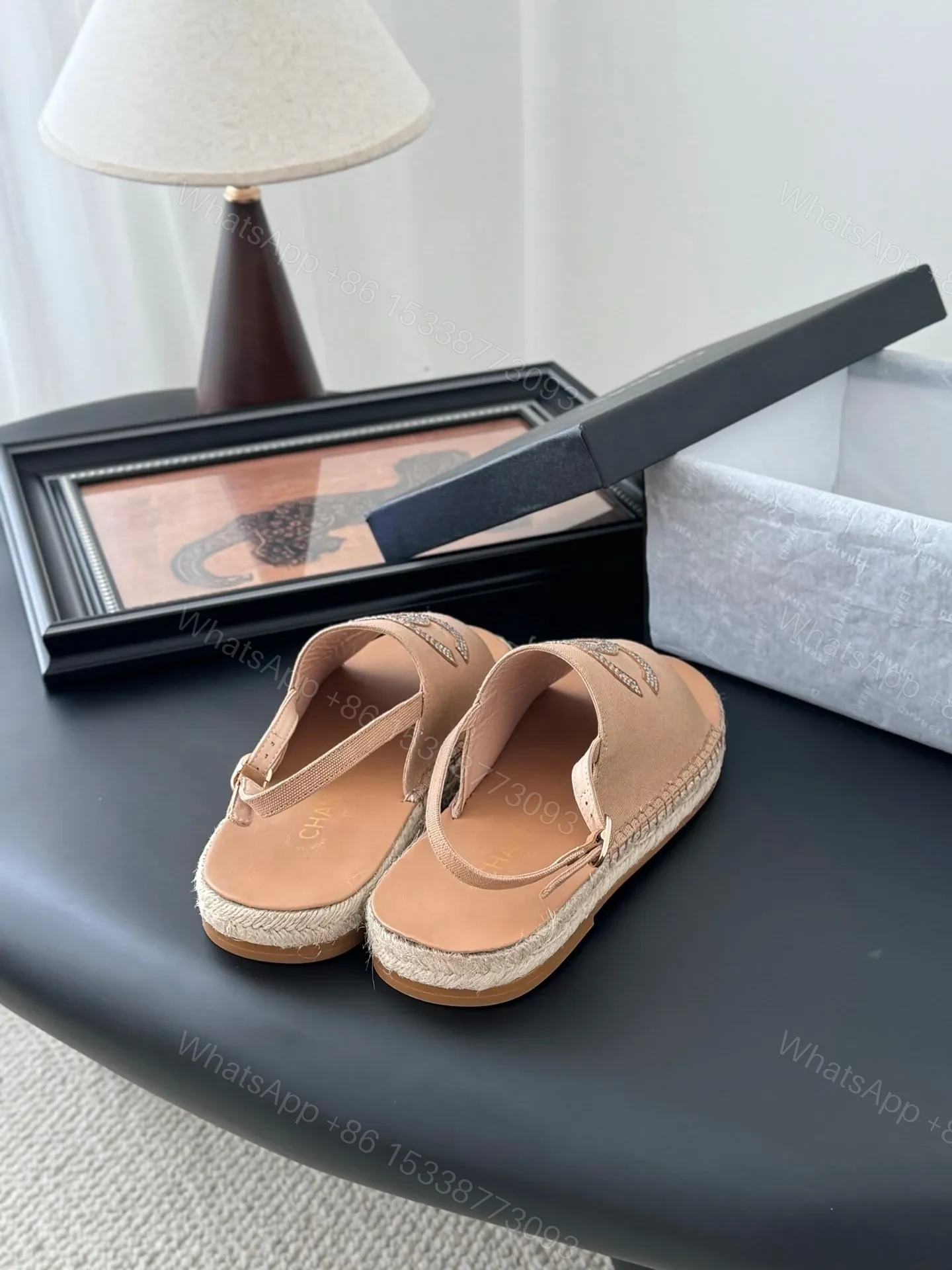 View 3 of Chanel Women Beige Canvas Crystal Logo Sandals