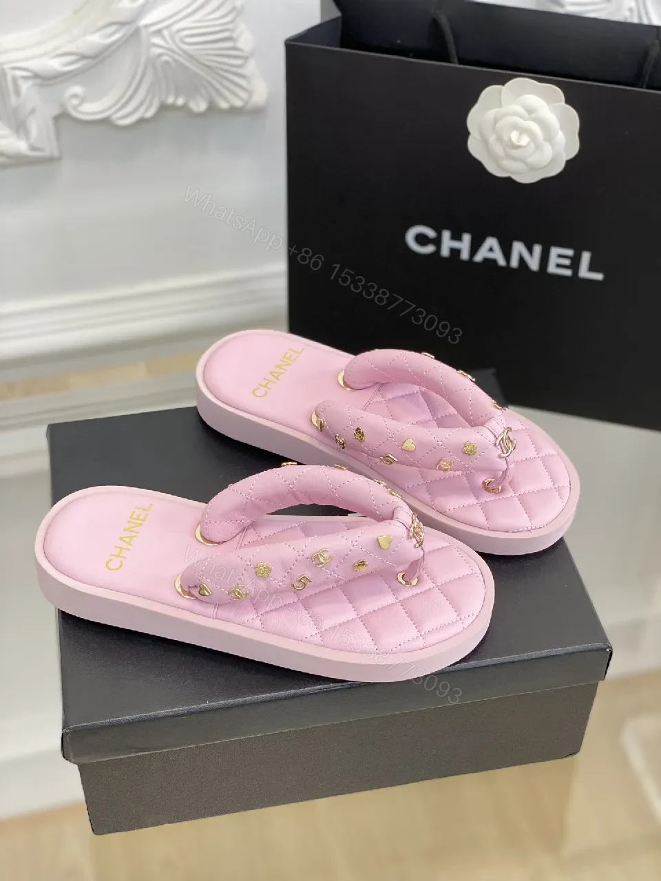 View 2 of Pink Quilted Sandals with Gold Hardware Slide