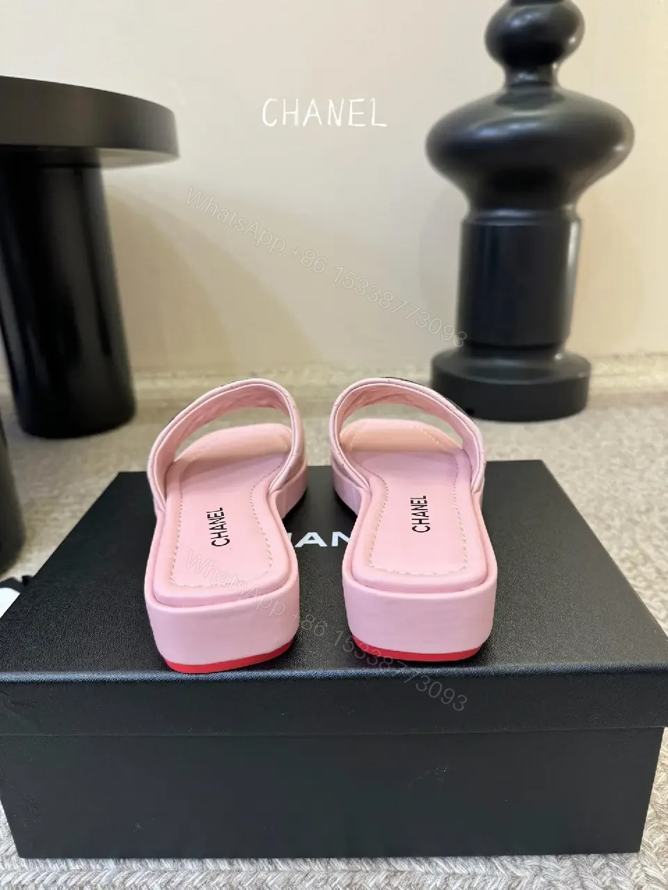 View 6 of Pastel Pink Faux-Leather Slides with Logo Hardware