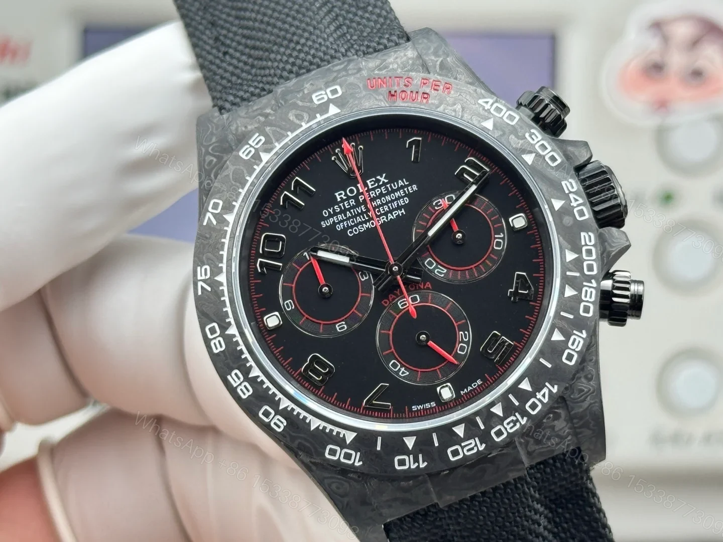 View 4 of Rolex Daytona Carbon Fiber Black Red Replica 40MM Premium Black Fabric Strap R74-BLACK-RED