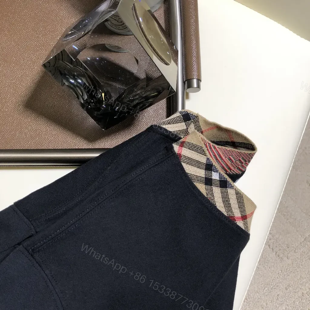 View 8 of Solid Black Short-Sleeve Tunic with Plaid Collar