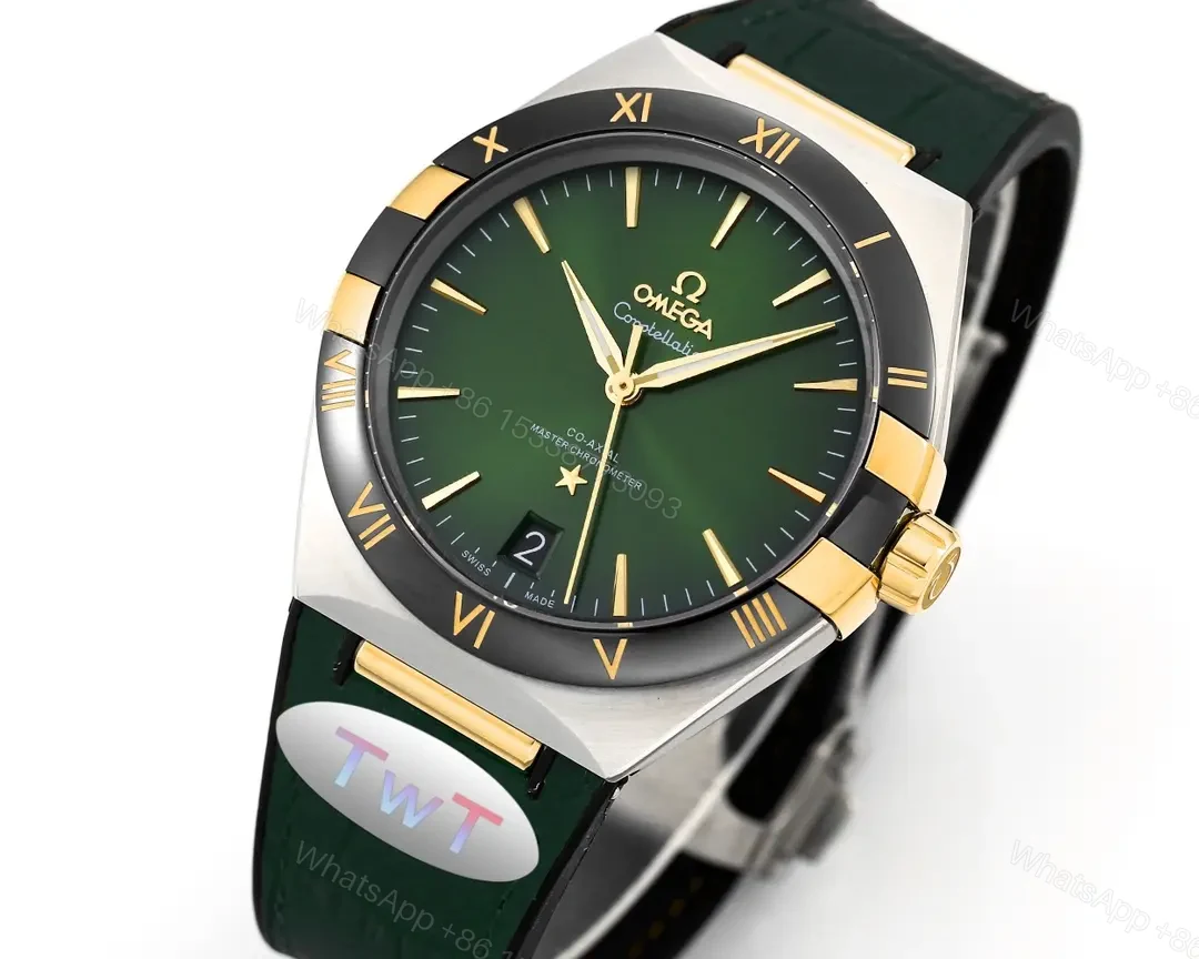 View 2 of Omega Constellation Meteorite Series 5th Generation Watch 41MM Green Dial with Gold Numerals Stainless Steel and Ceramic Case Green Leather Strap