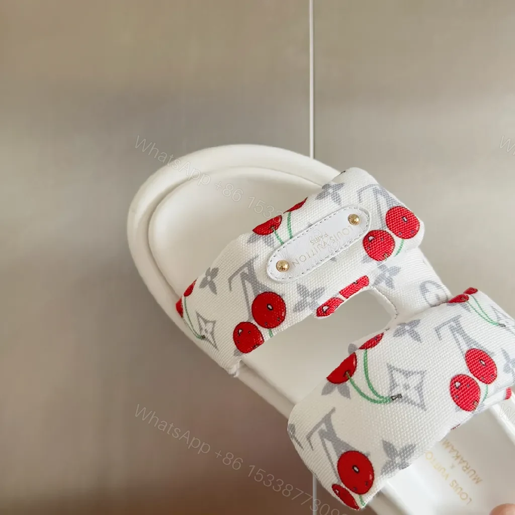 View 3 of White Canvas Cherry-Print Slides with Monogram, Velcro Strap, Comfort