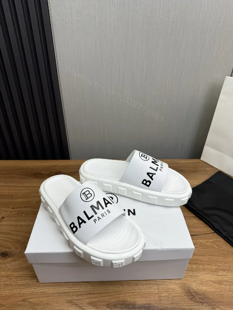 White Slip-On with Bold Logo Band, Minimalist Comfort Slide — view 1