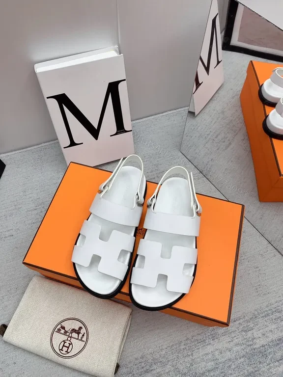 View 5 of Hermes Oran Sandals: White Calfskin, H-Detail Comfort Shoes