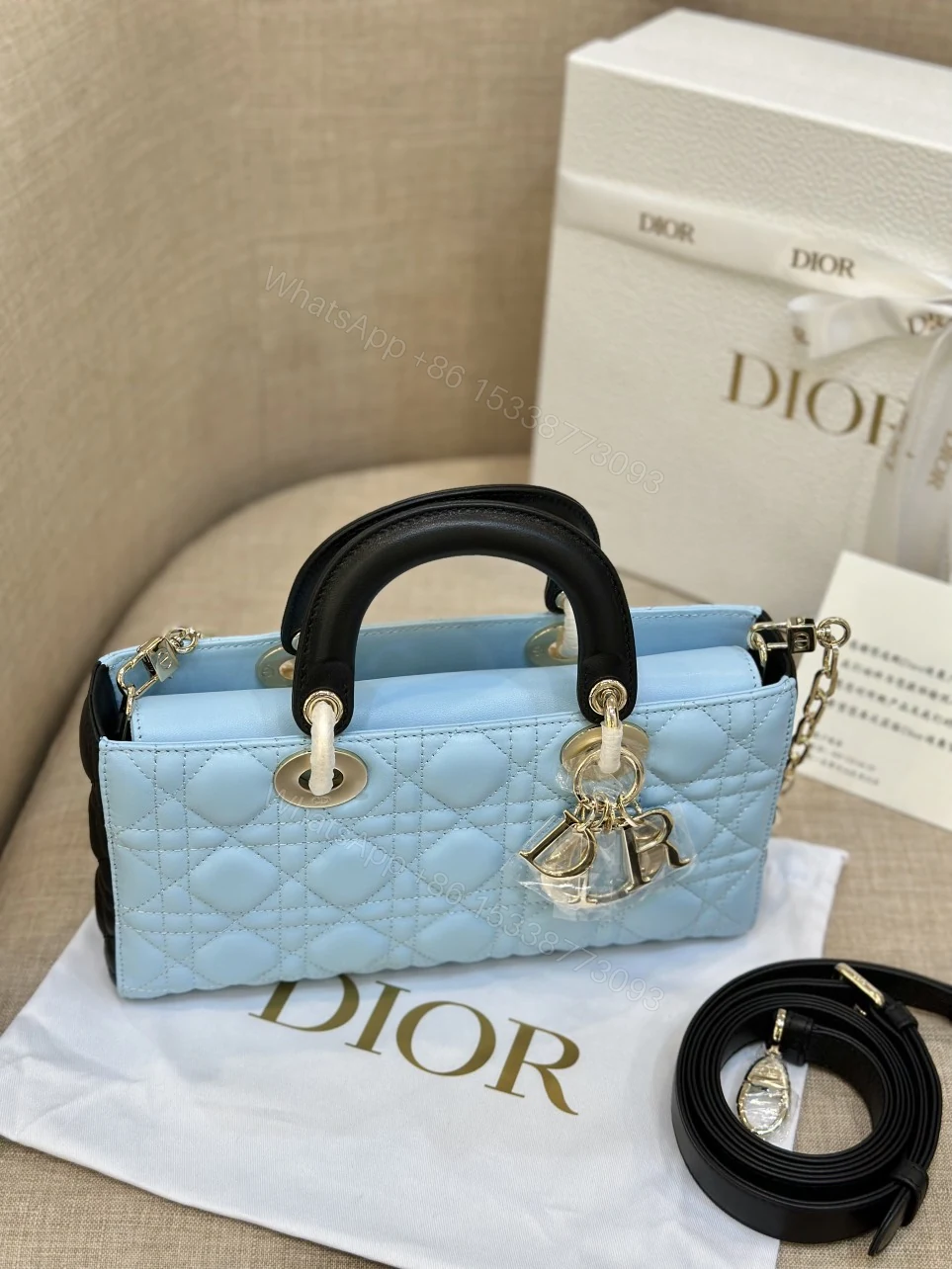 View 7 of Dior D-Joy Women’s Handbag, Ice Blue Cowhide Leather, Like Auth 26cm