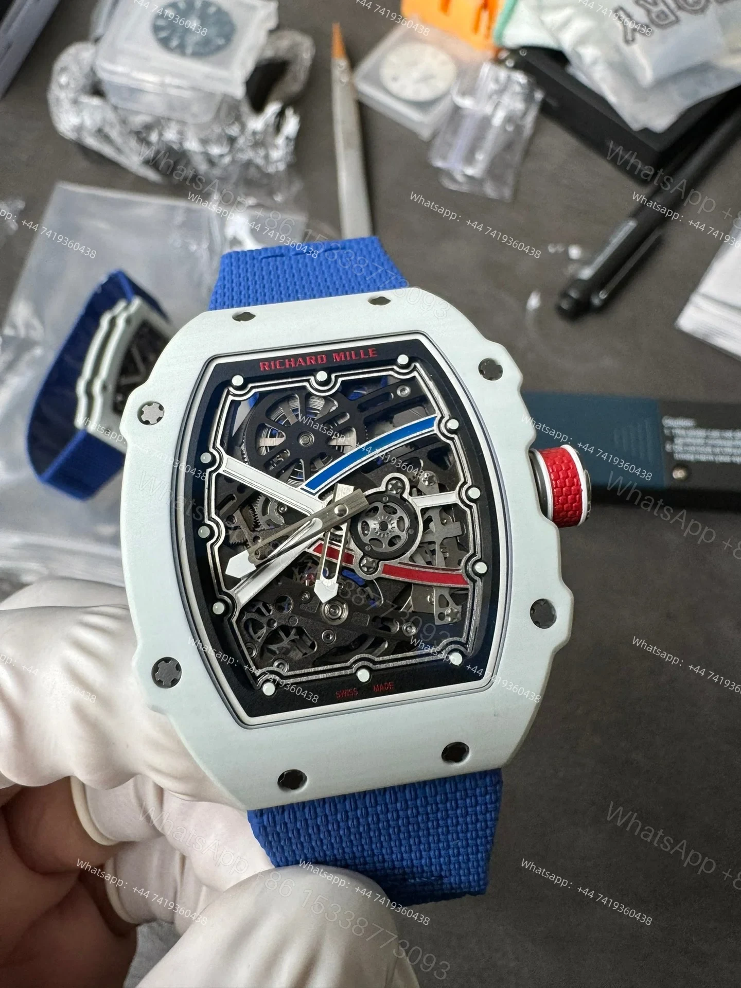 View 2 of Super Clone Richard Mille RM67-02 White Ceramic Skeleton Tourbillon 1:1 Replica Watch with Blue Strap