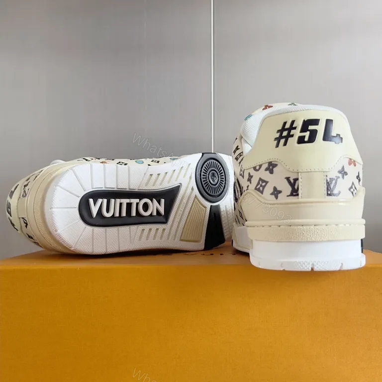 View 8 of White LV-Pattern High-Top Sneakers: Multicolor Luxury Comfort