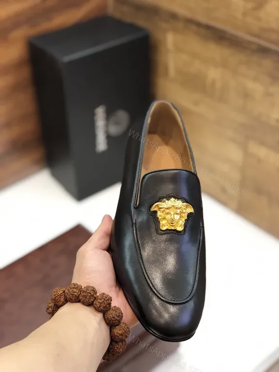 View 5 of Versace Black Leather Loafers with Gold Medusa Emblem
