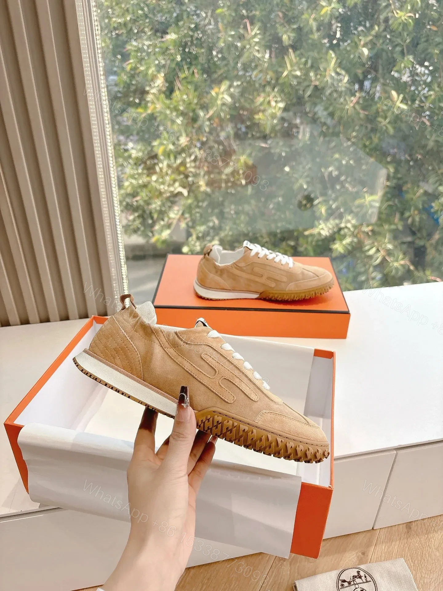 View 6 of Hermes Women Beige Suede Sneakers