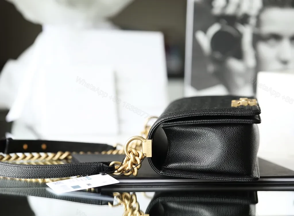 View 4 of Chanel-Style Quilted Leather Crossbody, Black & Gold Hardware